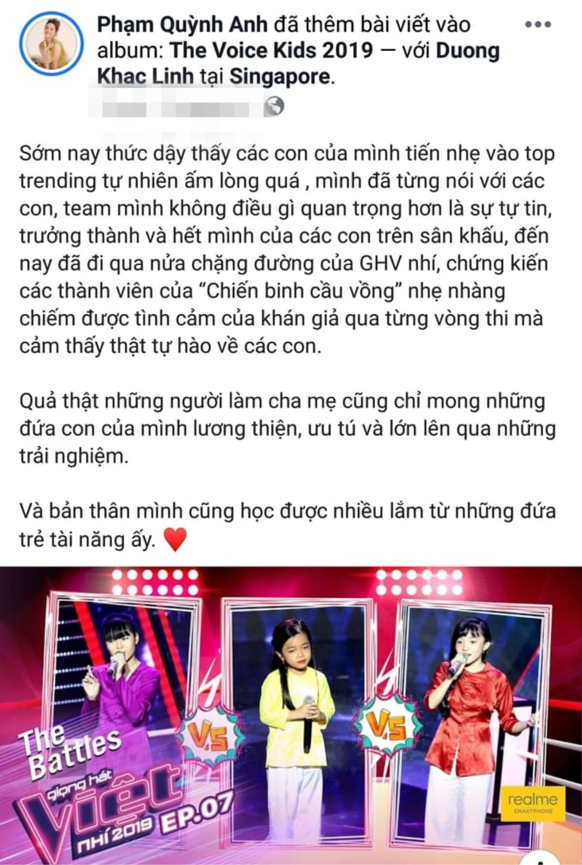 Phạm Quỳnh Anh tự hào vì trò cưng The Voice Kids lọt Top Trending: 'Mình cũng phải học hỏi các con!' Ảnh 1