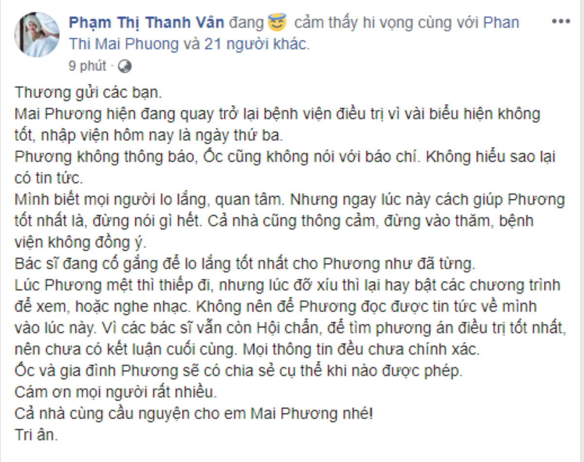 Bệnh tình của Mai Phương đột ngột trở nặng và nhập viện điều trị Ảnh 2