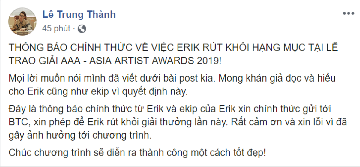 ERIK chính thức thông báo lý do rút khỏi Asia Artist Awards 2019 Ảnh 2