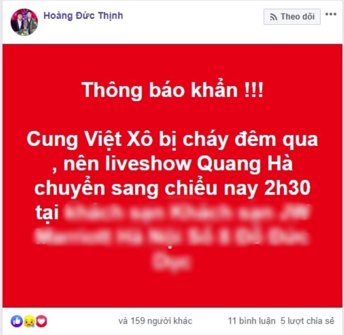 Lưu Thiên Hương, Tăng Nhật Tuệ cùng các nghệ sĩ bày tỏ sự xót xa và động viên Quang Hà sau sự cố cháy sân khấu Ảnh 2