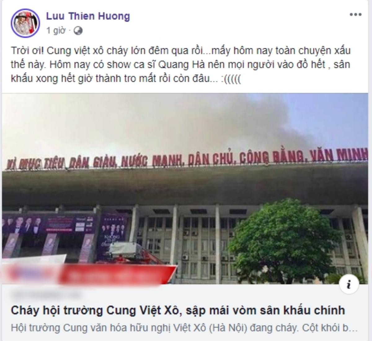 Lưu Thiên Hương, Tăng Nhật Tuệ cùng các nghệ sĩ bày tỏ sự xót xa và động viên Quang Hà sau sự cố cháy sân khấu Ảnh 3