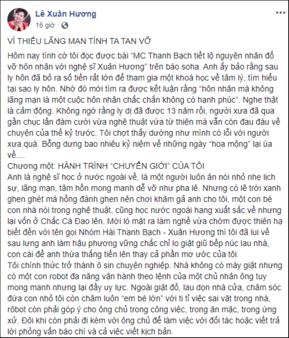 NS Xuân Hương 'phản pháo' MC Thanh Bạch về lý do ly hôn: 'Sống với anh, tôi là một ôsin chuyên nghiệp' Ảnh 2