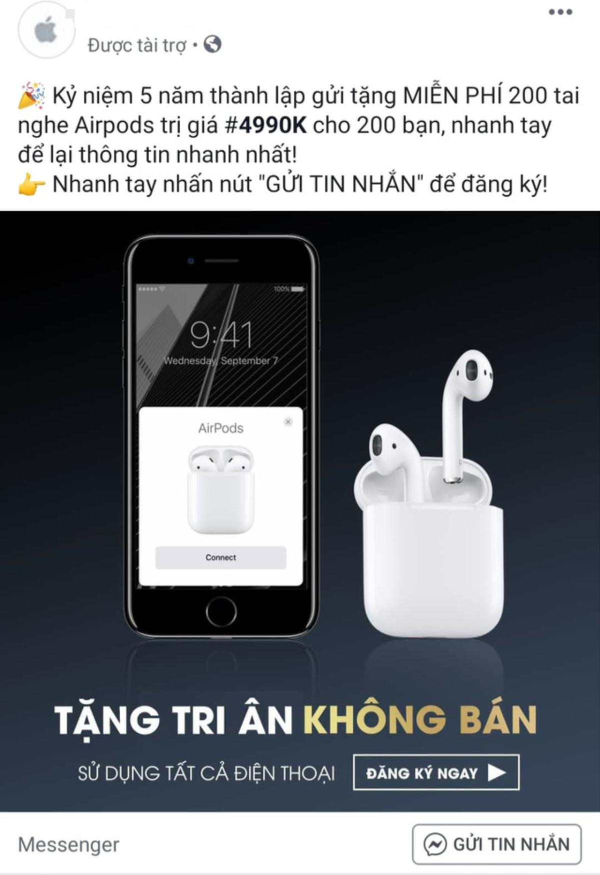 lừa tặng tai nghe AirPods trên Facebook