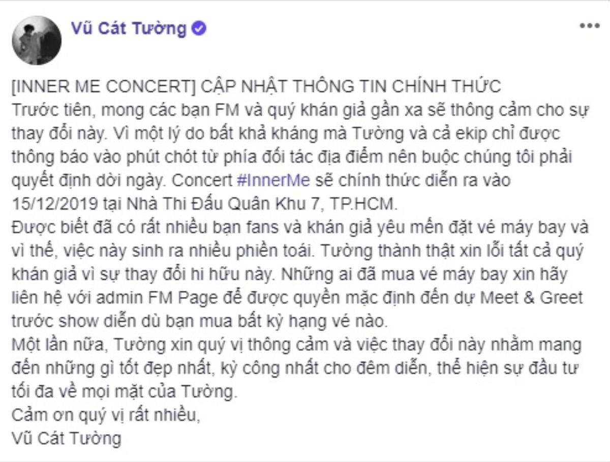 Concert InnerMe bị dời ngày: Vũ Cát Tường gửi lời xin lỗi và dành đặc quyền cho fan đã mua vé máy bay Ảnh 1