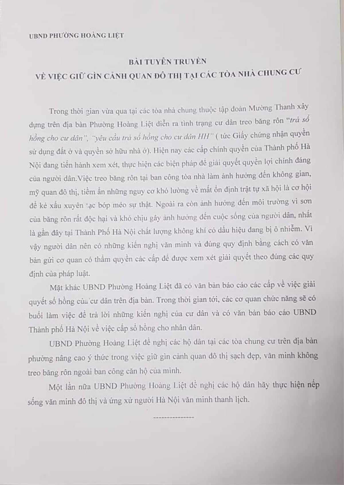 Lãnh đạo phường lên tiếng về văn bản yêu cầu cư dân chung cư Linh Đàm không treo băng rôn đòi sổ hồng vì 'sơn rất độc hại, ảnh hưởng đến sức khoẻ' Ảnh 5