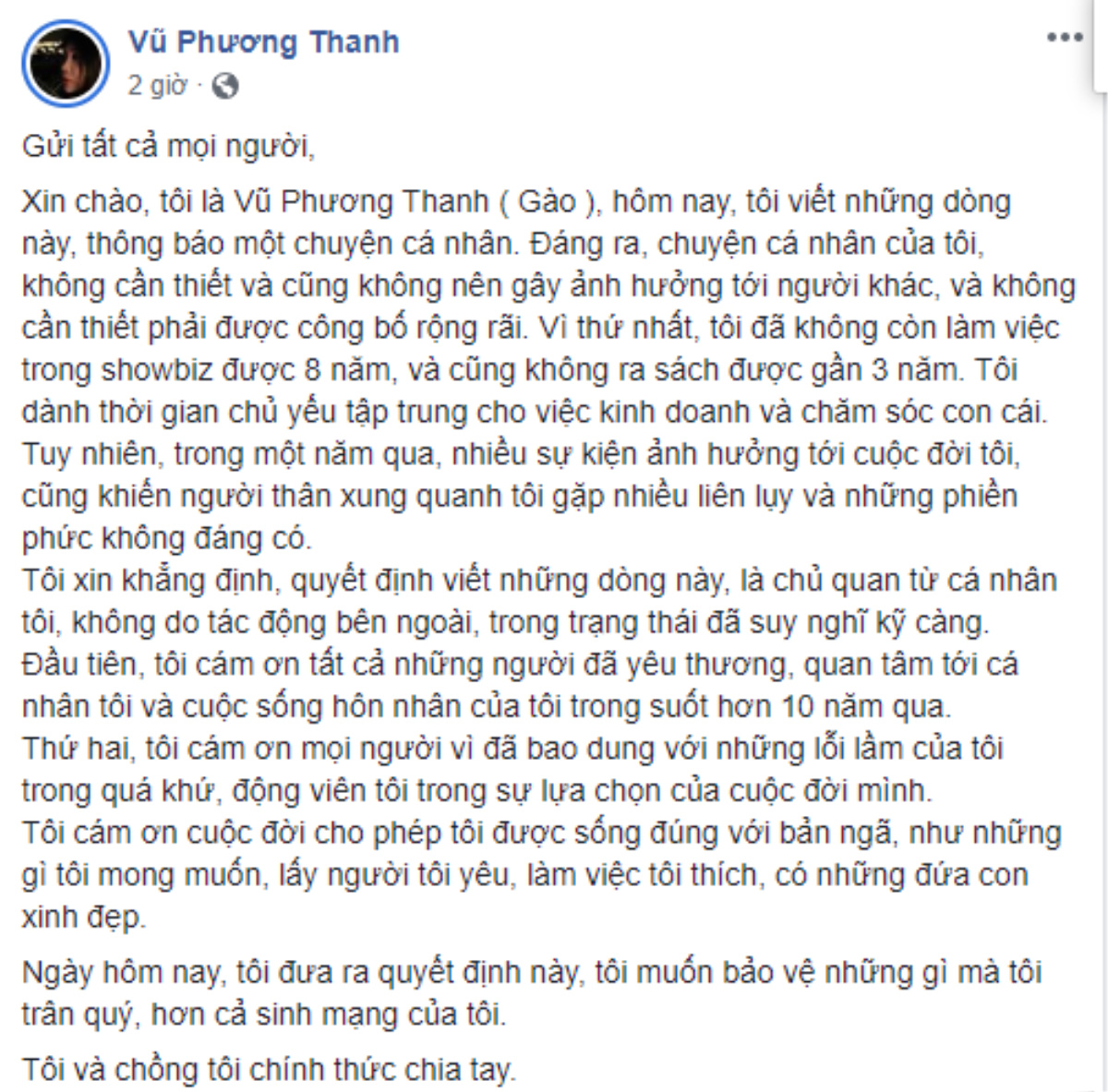 Đang viên mãn hạnh phúc, nhà văn Gào bất ngờ thông báo đã ly dị với chồng Ảnh 1