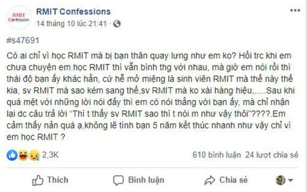 Suốt ngày bị bạn thân hỏi đểu 'học RMIT sao không xài hàng hiệu', nam sinh buồn bã tâm sự và lời khuyên đồng nhất từ cư dân mạng Ảnh 1