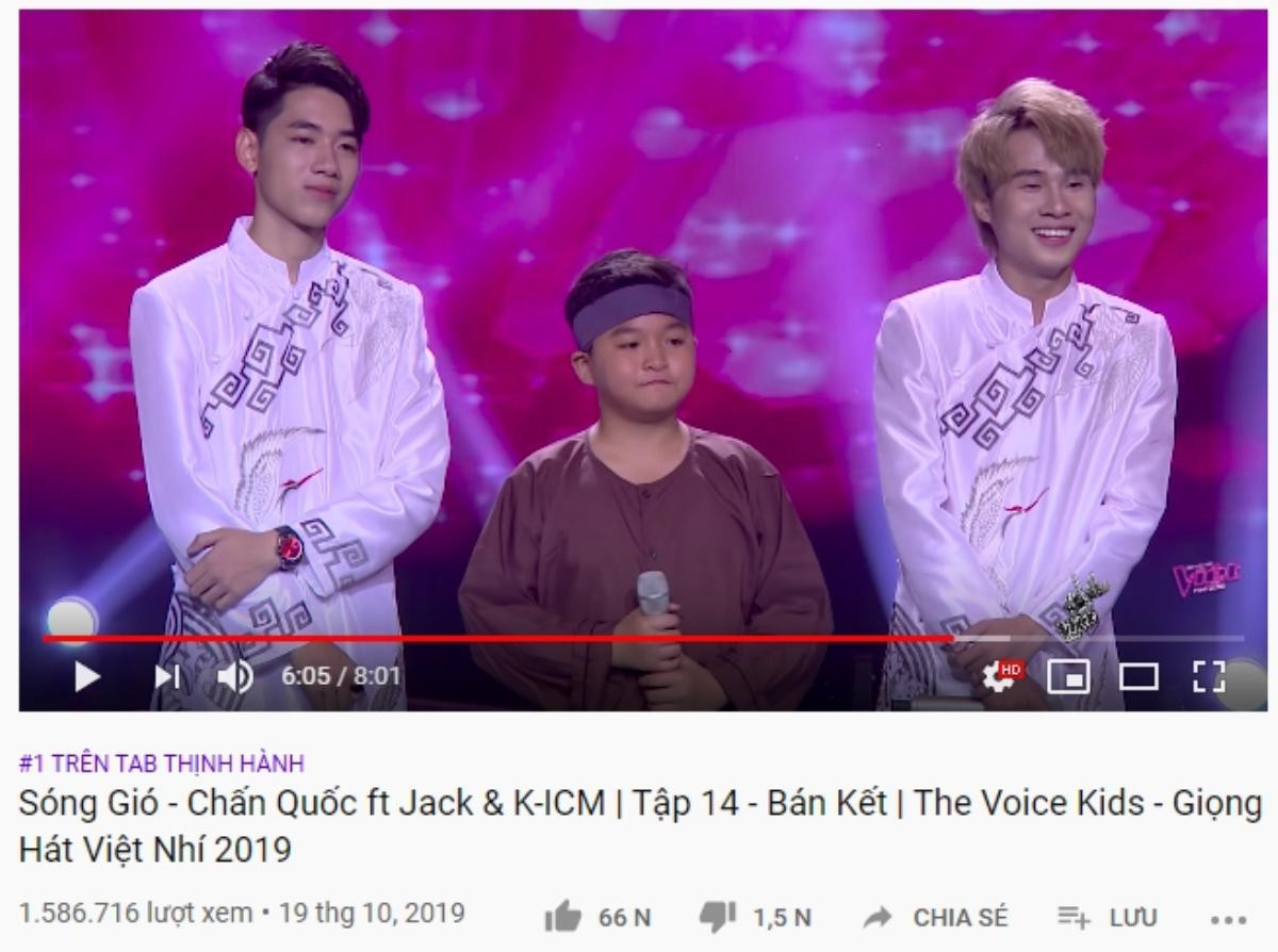 Vpop tuần qua: Spotlight gọi tên K-ICM - Jack và Chấn Quốc cùng #1 trending cho Sóng gió phiên bản The Voice Kids 2019 Ảnh 4