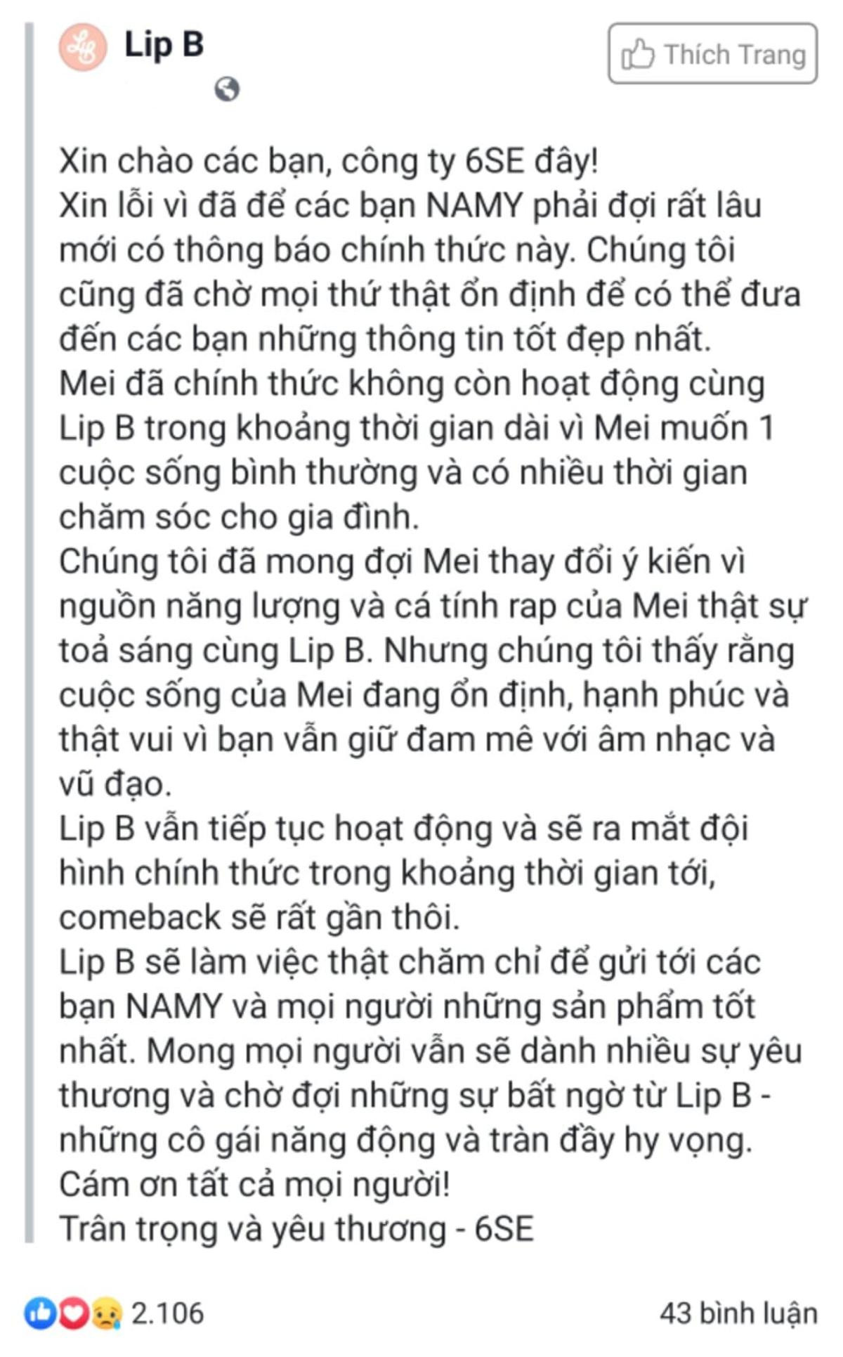 Chính thức: Sau Na Whan, Mei là cái tên tiếp theo xác nhận ngừng hoạt động với Lip B Ảnh 1