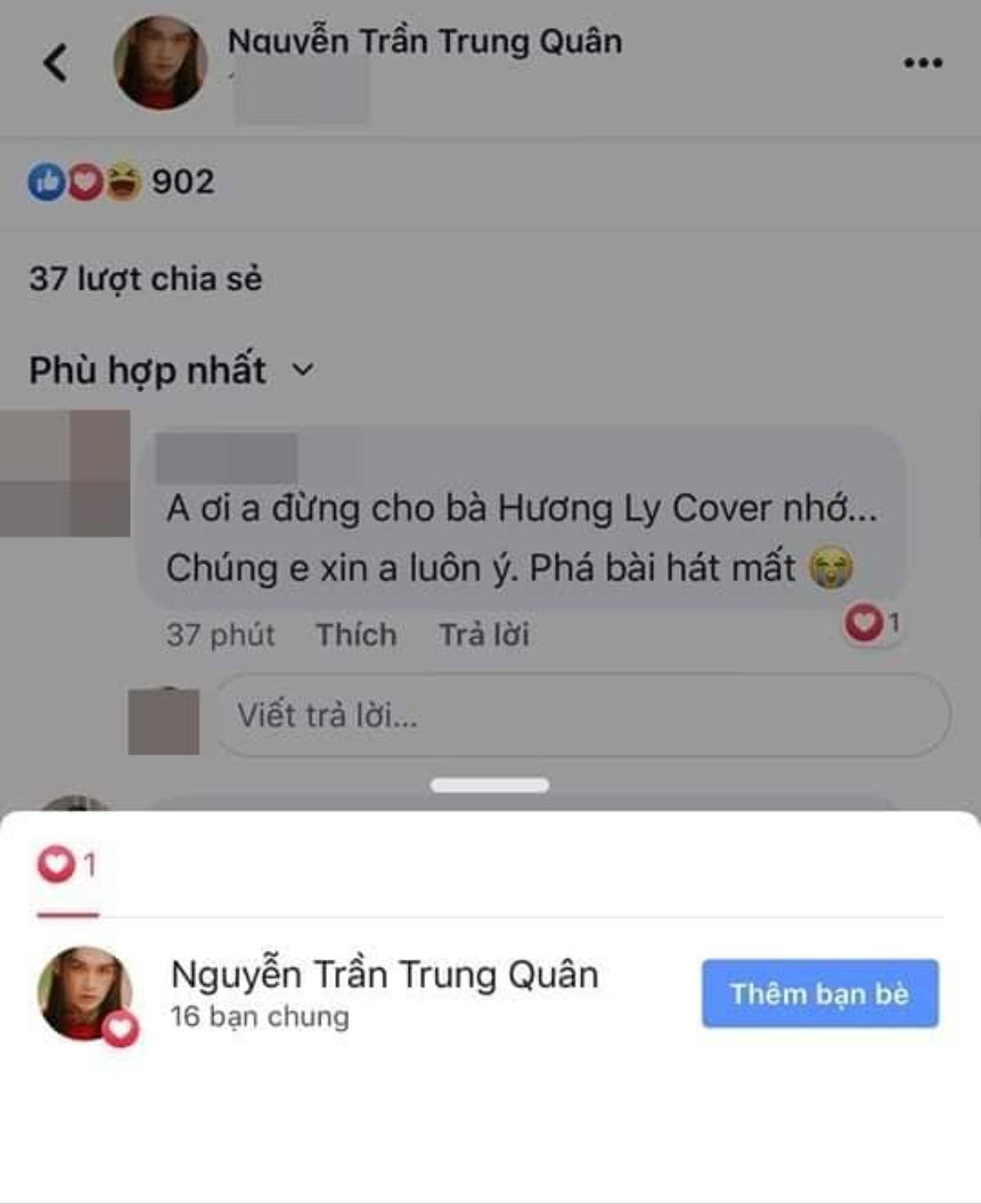 Netizen truyền nhau khoảnh khắc: Nguyễn Trần Trung Quân 'thả tim' bình luận 'Không cho Hương Ly cover vì sẽ phá nát bài' Ảnh 3