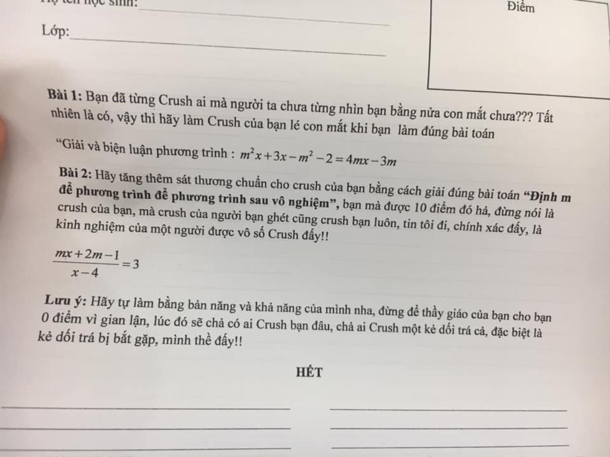 Đánh đúng tâm lý học trò, thầy giáo dạy Toán ra đề 'hãy làm cho crush của bạn lé con mắt' khiến CĐM được phen cười ngất Ảnh 1