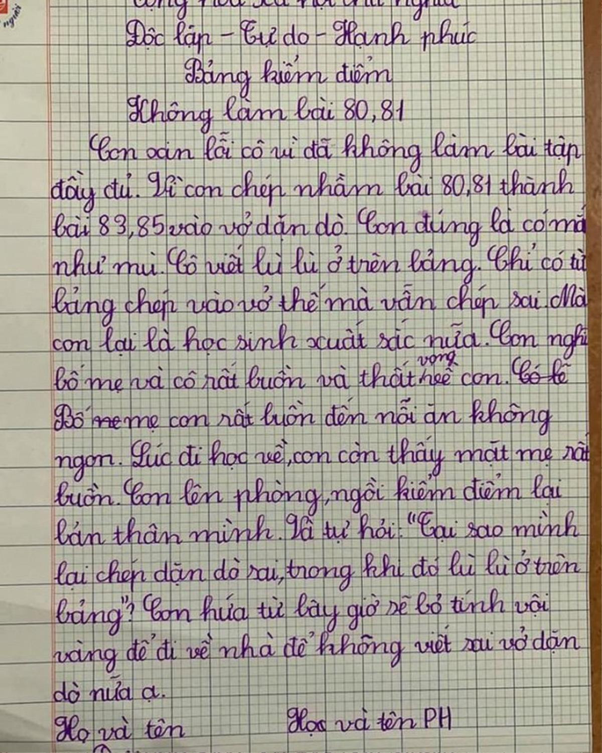 Cười nghiêng ngả với bản kiểm điểm của cô học trò tiểu học: 'Con đúng là có mắt như mù, cô viết lù lù trên bảng mà con vẫn viết sai…' Ảnh 1