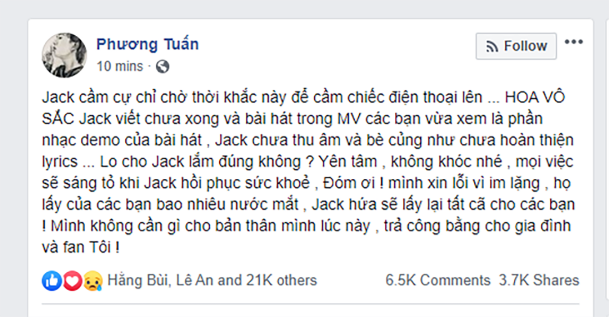 Sau nghi vấn 'chia tay' K-ICM, Jack đăng status: Cầm cự chỉ chờ thời khắc này, không cần gì cho bản thân, trả công bằng cho gia đình và fan tôi Ảnh 3