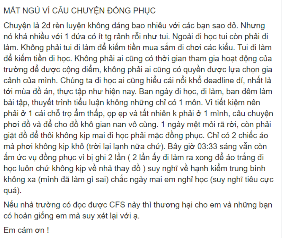 Sinh viên ĐH Công nghiệp thực phẩm TP.HCM phàn nàn về quy định phải mặc đồng phục suốt tuần Ảnh 1