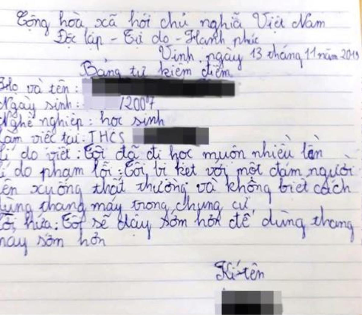 Cười ngất với bản tự kiểm điểm nêu lí do đi học muộn: 'Tôi bị kẹt với một đám người không biết dùng thang máy chung cư' Ảnh 1