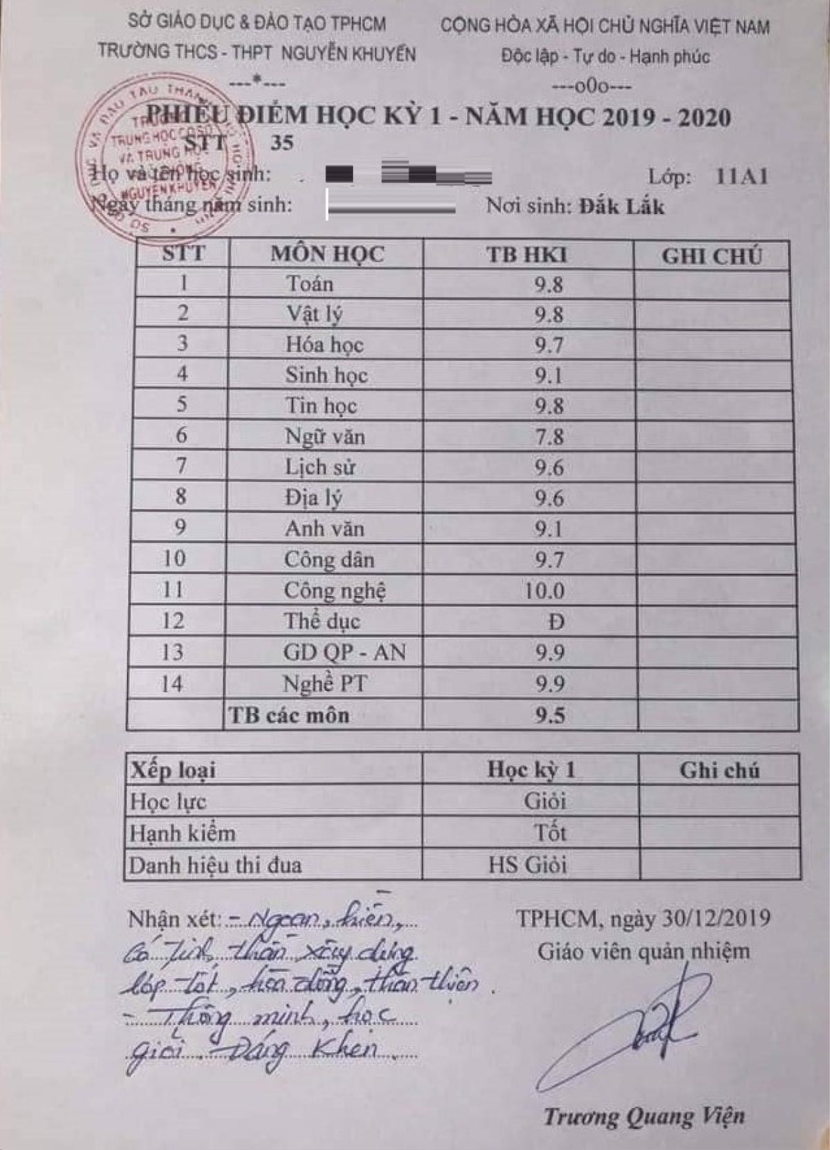 Nữ sinh trường THPT Nguyễn Khuyến 'gây sốt' với bảng điểm tổng kết học kỳ toàn điểm 9, 10 Ảnh 1