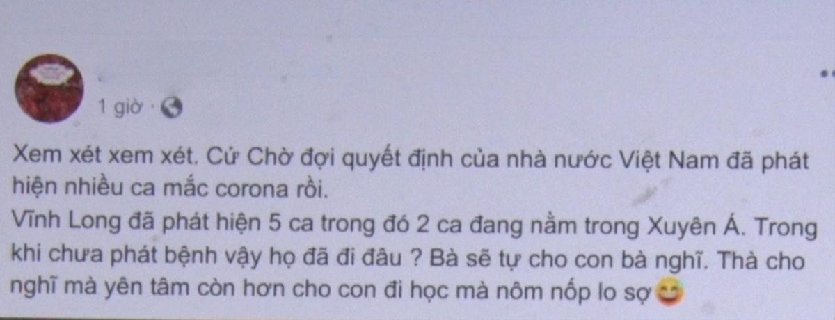 Mời làm việc một nữ Facebooker tung tin sai sự thật về virus Corona ở Vĩnh Long Ảnh 1