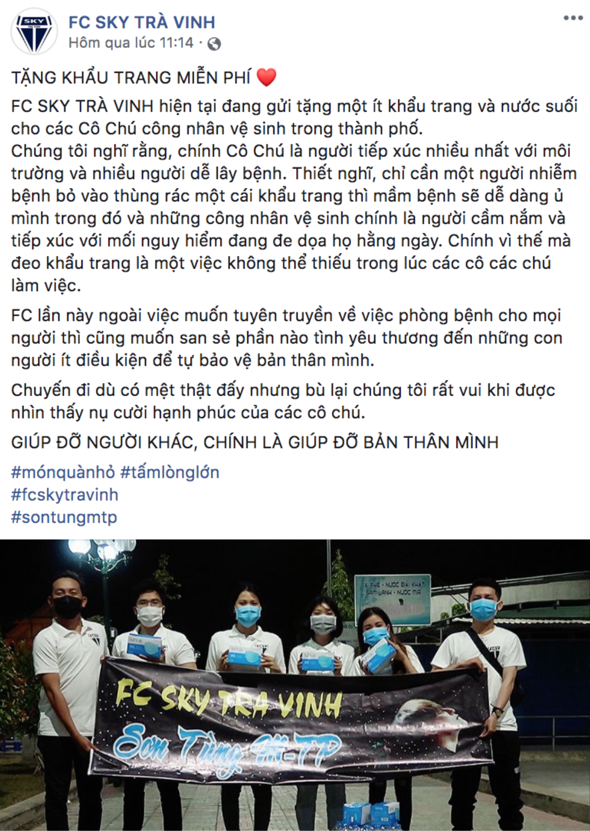 Fan Sơn Tùng M-TP ở Trà Vinh thực hiện chiến dịch tặng khẩu trang miễn phí cho công nhân vệ sinh đường phố Ảnh 5