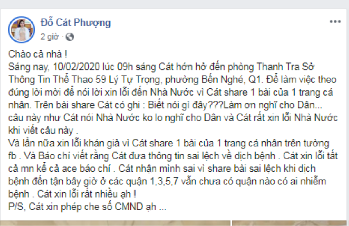 Sau khi làm việc với Sở Thông tin Truyền thông TP HCM vì đưa tin sai lệch về dịch virus corona, Cát Phượng nói gì? Ảnh 2