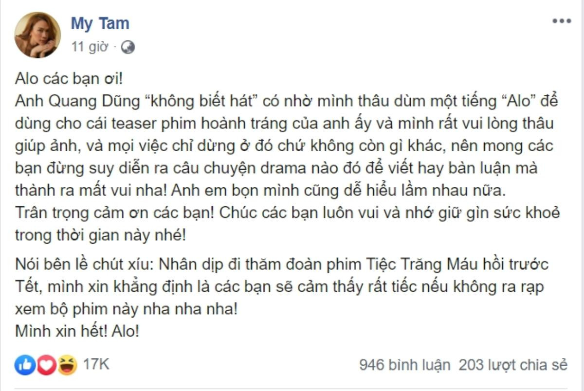 Mỹ Tâm phủ nhận tin đồn góp mặt trong phim 'Tiệc trăng máu' của đạo diễn Nguyễn Quang Dũng Ảnh 2