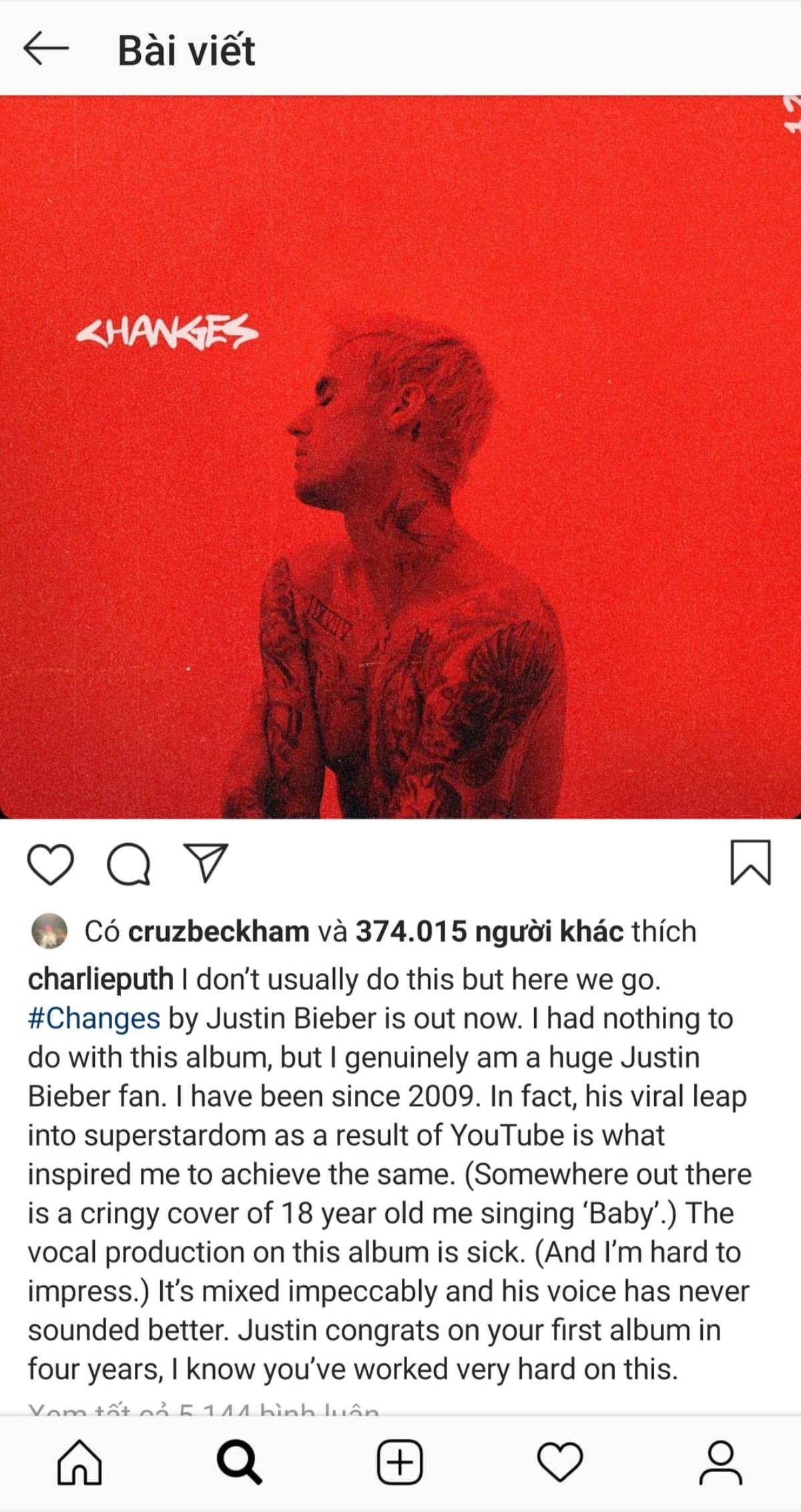 Mới ngày nào còn 'cà khịa' Justin Bieber trên sân khấu, Charlie Puth bỗng khen ngợi 'Changes' hết lời Ảnh 2