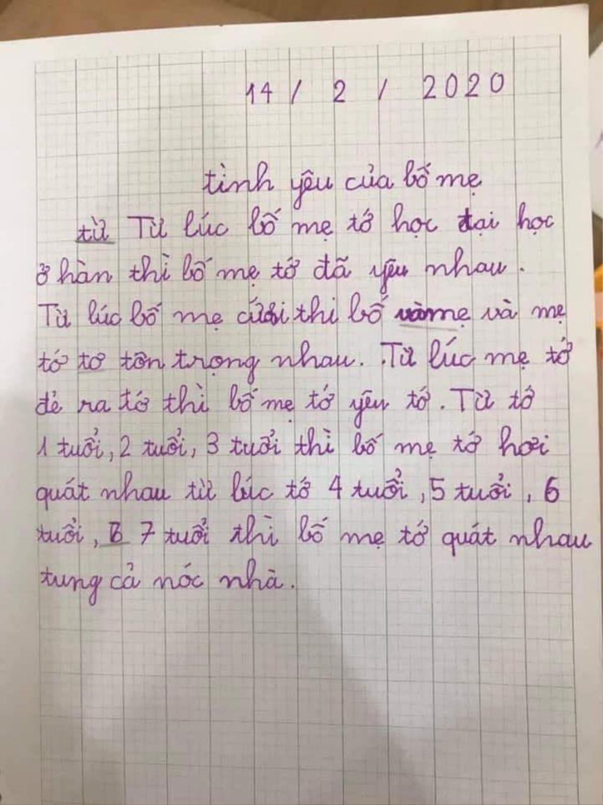 Cô bé tiểu học miêu tả 'tình yêu của bố mẹ' khiến CĐM cười ngất: 'Lúc tớ 4,5,6,7 tuổi thì bố mẹ quát nhau tung cả nóc nhà' Ảnh 1