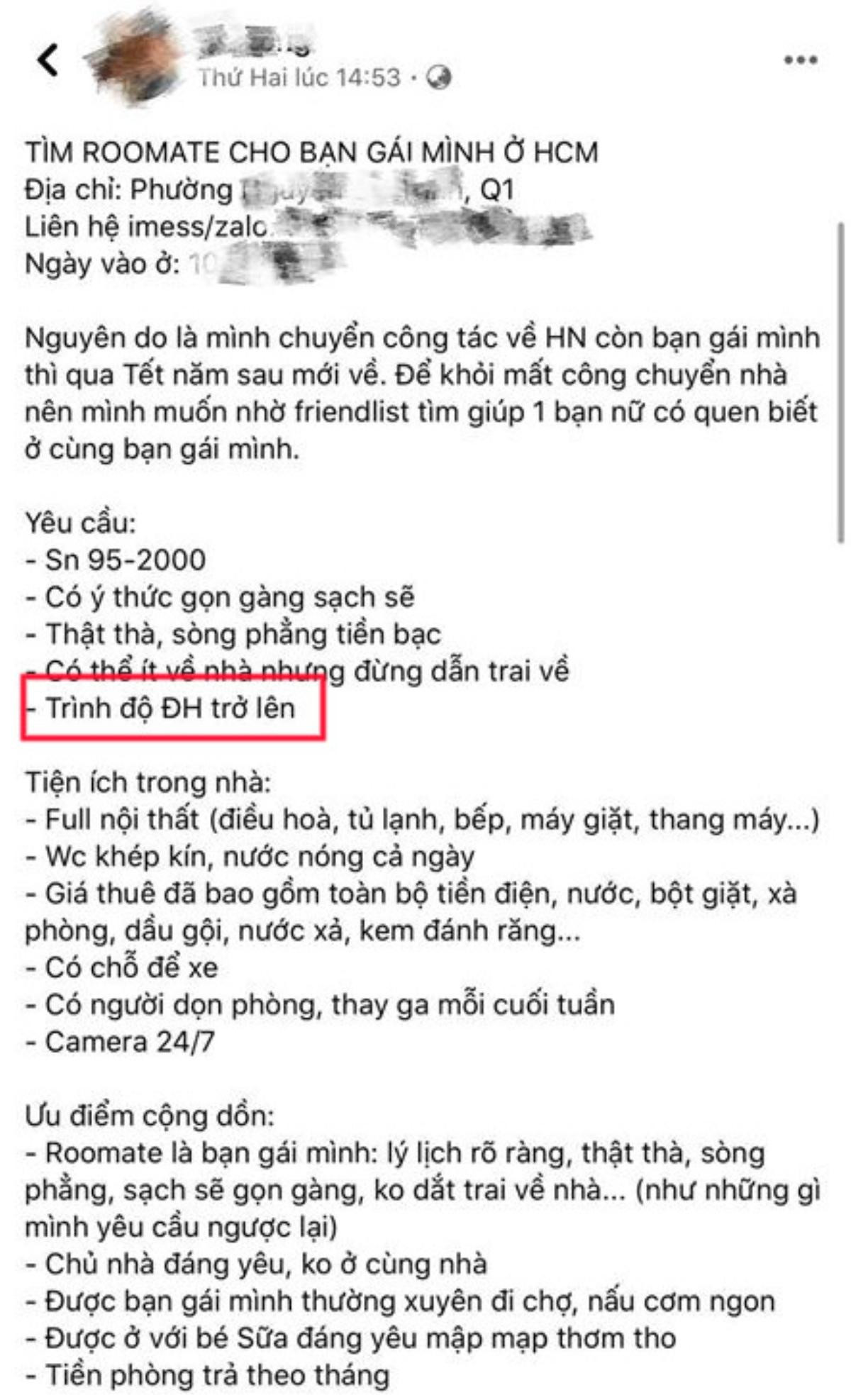 Tìm người ở ghép chung phòng trọ cho người yêu, nam thanh niên gây tranh cãi khi đưa ra yêu cầu 'trình độ Đại học trở lên' Ảnh 2