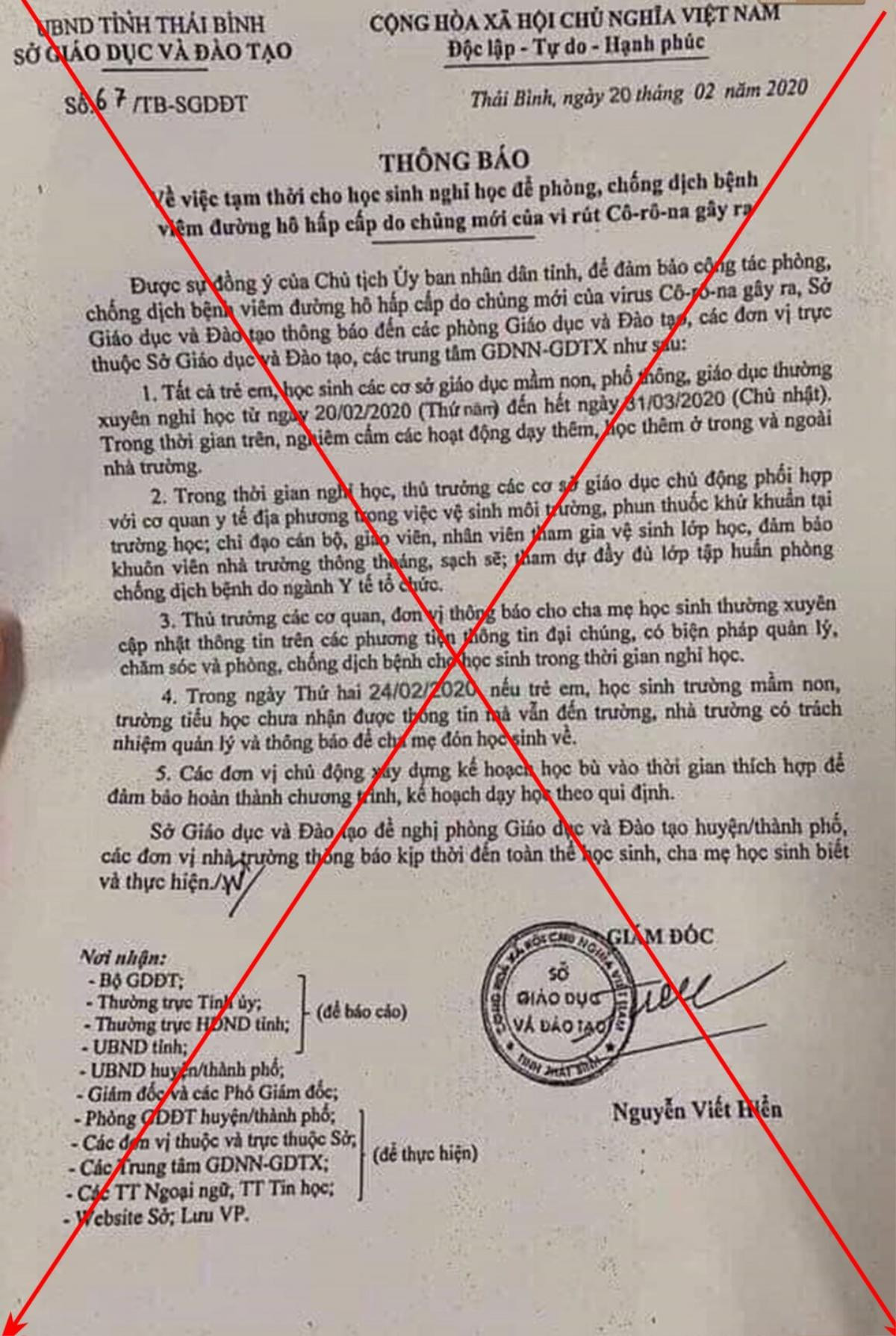 Công văn Sở GD&ĐT Thái Bình cho học sinh nghỉ học đến hết tháng 3/2020 là giả mạo Ảnh 1