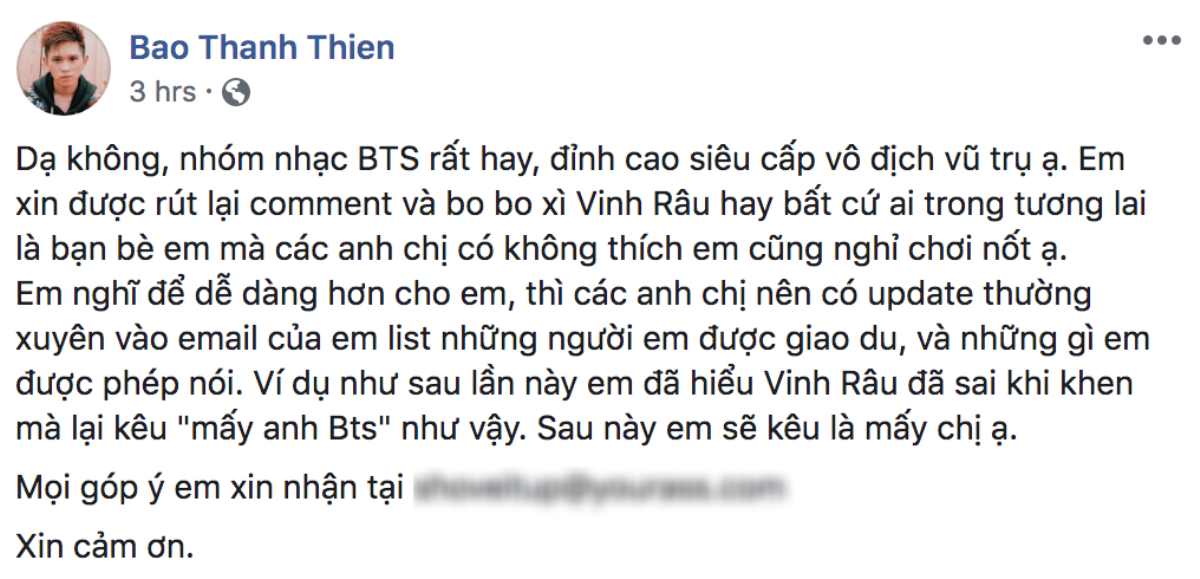 Hậu 'cà khịa' giới tính của BTS, B Ray bị hack facebook, phải lên tiếng xin lỗi Ảnh 1