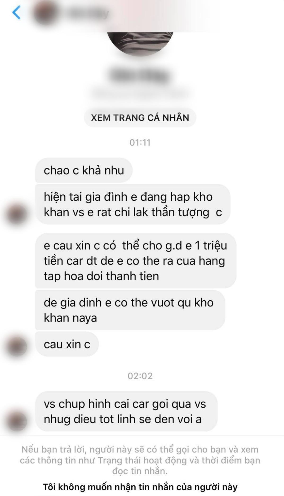 Khả Như 'đứng hình' khi fan nhắn tin cầu xin 1 triệu tiền card để 'giúp gia đình qua khó khăn' Ảnh 1