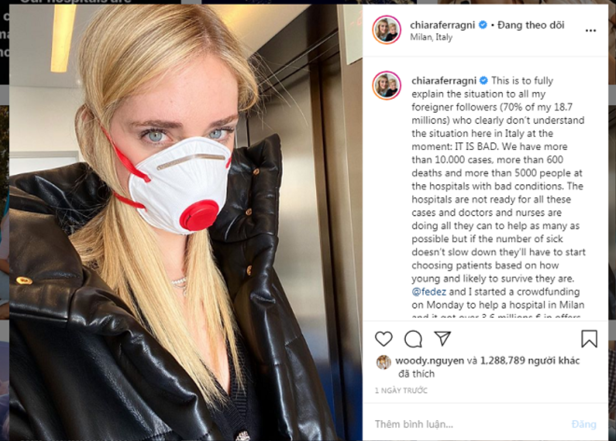 Đệ nhất fashionista Chiara Ferragni -người từng được chị gái bệnh nhân số 17 xin chụp hình cùng update tình hình nCoV căng thẳng tại Ý Ảnh 8