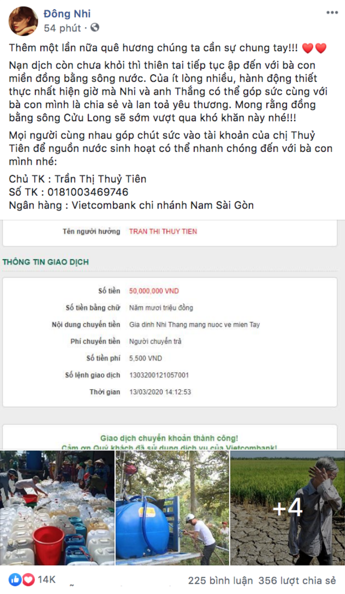 Hưởng ứng lời kêu gọi của Thuỷ Tiên, Đông Nhi và Ông Cao Thắng quyên góp 50 triệu đồng mang nước ngọt về với bà con miền Tây Ảnh 2