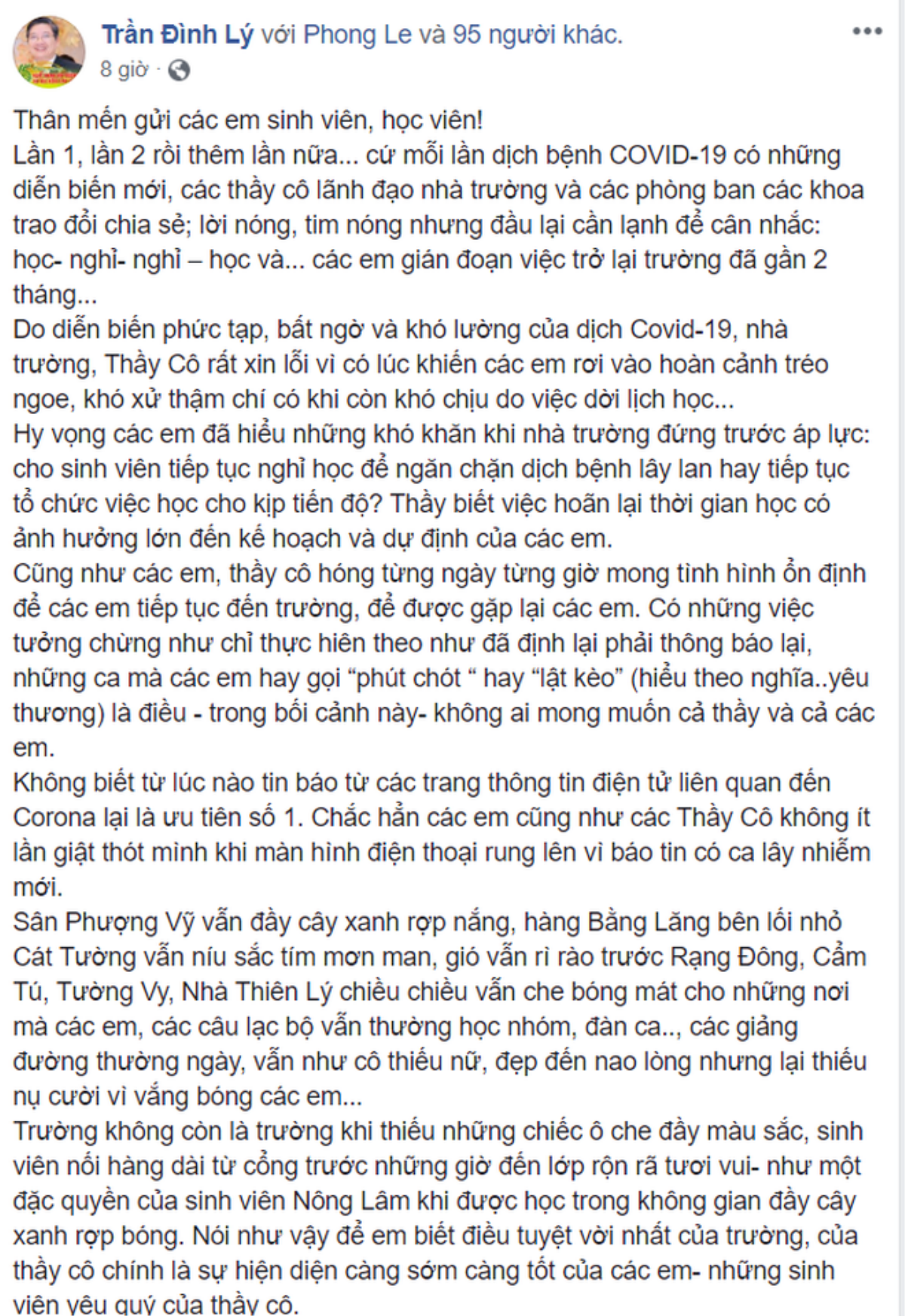 Dời lịch học nhiều lần, thầy Hiệu phó viết tâm thư: ‘Thầy xin lỗi vì đã khiến sinh viên rơi vào hoàn cảnh tréo ngoe, khó xử…’ Ảnh 1