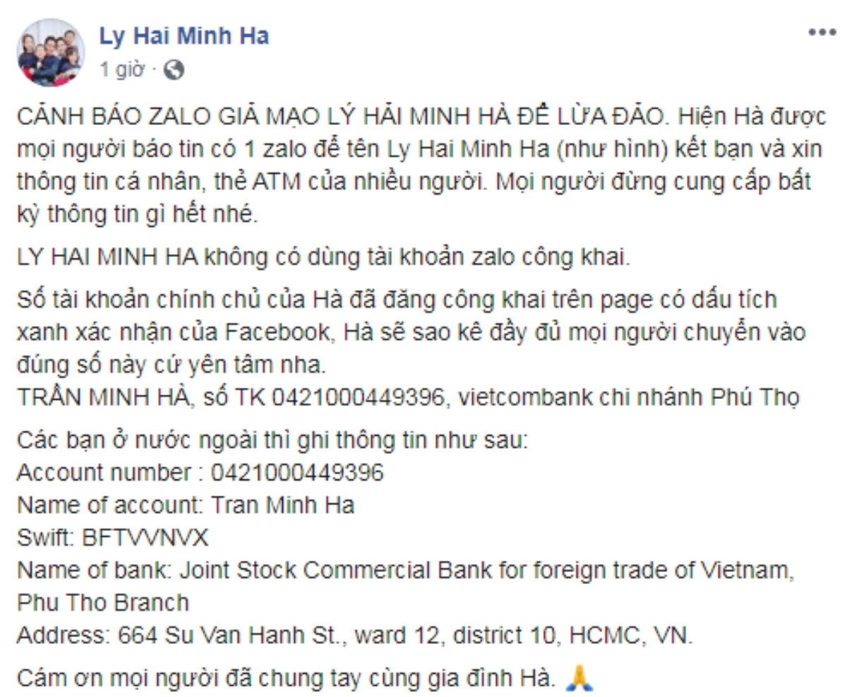 Vợ chồng Lý Hải - Minh Hà cảnh báo có kẻ xấu giả mạo để lừa đảo tiền quyên góp giúp người dân miền Tây Ảnh 2