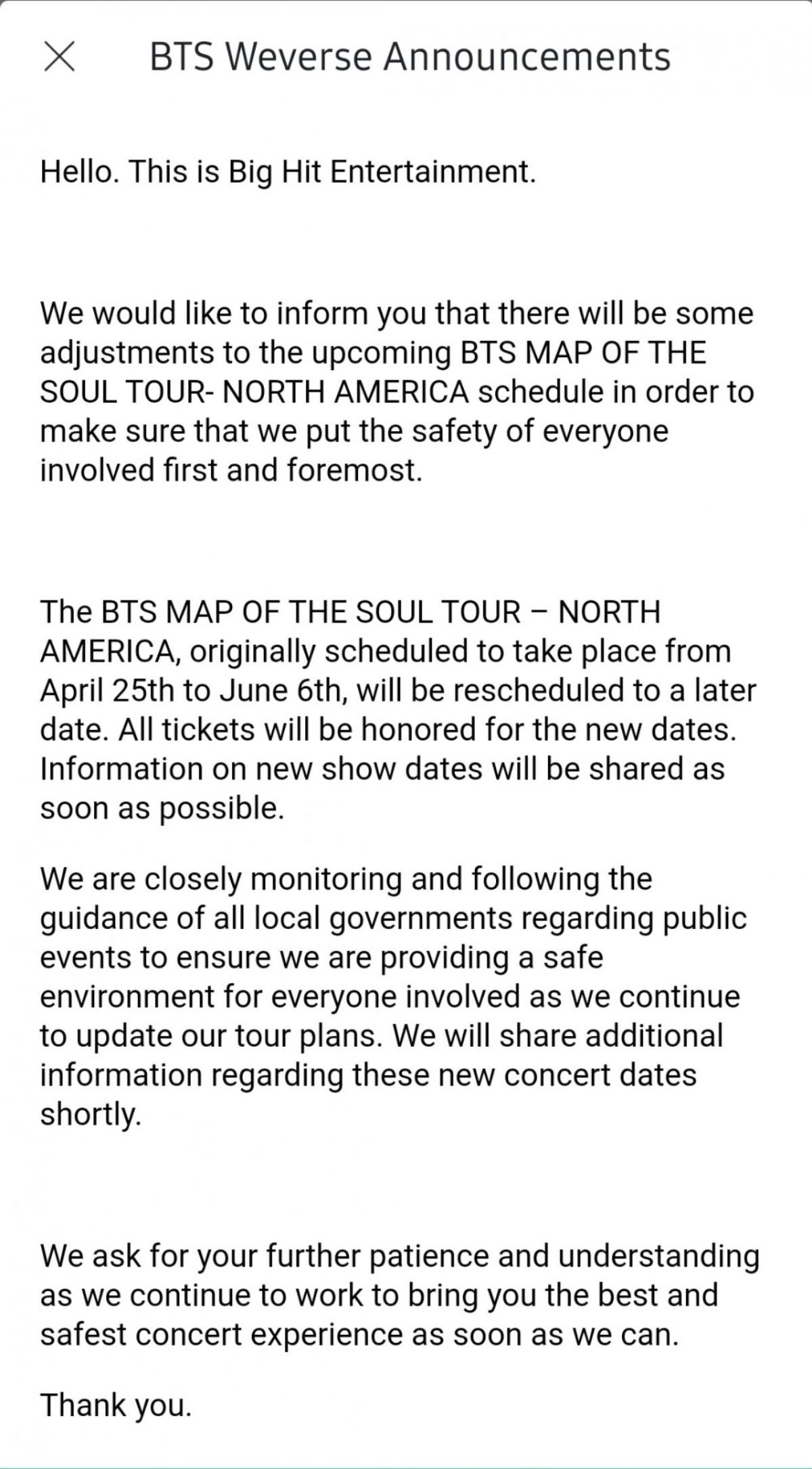 Sau khi huỷ 4 concert ở Seoul, Big Hit thông báo hoãn luôn Map Of The Soul Tour của BTS ở Bắc Mỹ Ảnh 1