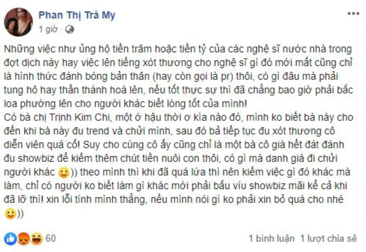 Trà My idol bị ném đá nhầm vì trùng tên với nữ diễn viên 'Thương nhớ ở ai' công khai mỉa mai NSƯT Kim Chi Ảnh 3