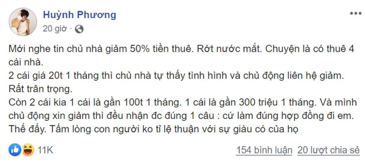 Huỳnh Phương gây tranh cãi vì trách móc chủ nhà không giảm tiền mặt bằng mùa dịch Covid-19 Ảnh 2