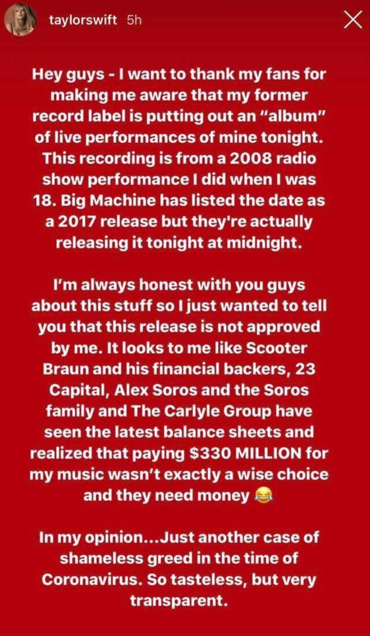 Big Machine bị Taylor Swift đăng đàn tố gian dối, gọi công ty cũ là 'thiếu liêm sỉ giữa thời dịch Corona' Ảnh 1