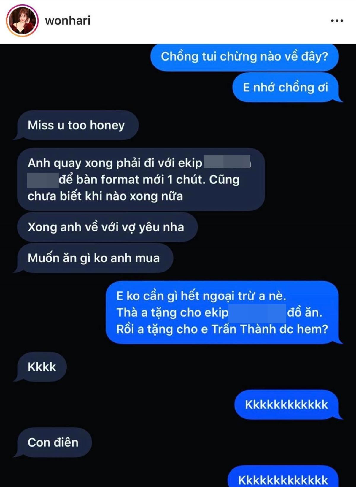 Hari Won tiếp tục làm dân tình ghen tị khi đăng tải đoạn tin nhắn mùi mẫn với Trấn Thành Ảnh 1