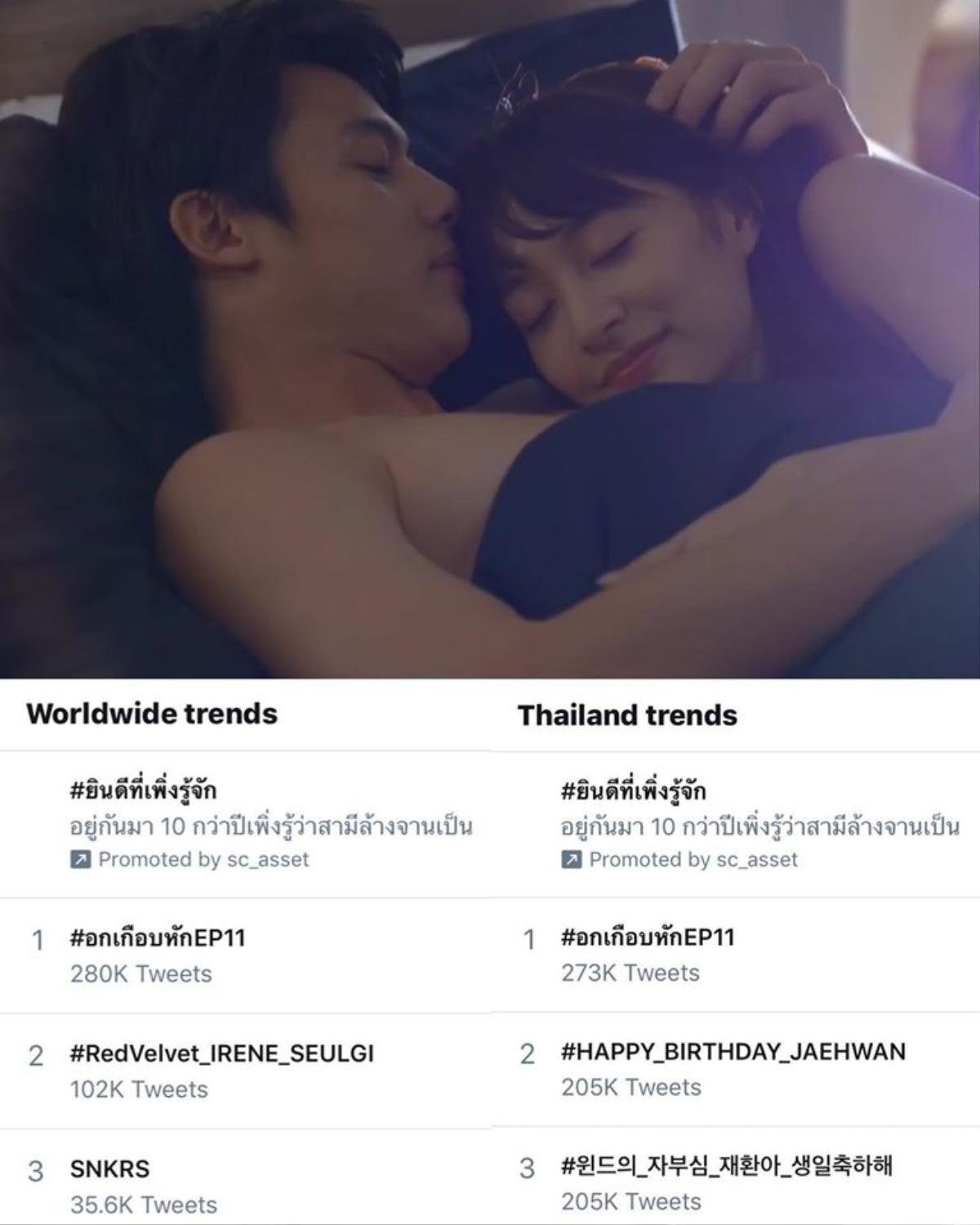 Tập 11 'Suýt thất tình thầm yêu anh chồng': Dẫn đầu top trending trên Twitter ở Thái lan và thế giới với cảnh nóng siêu ngọt ngào của Moey và Thien Ảnh 1