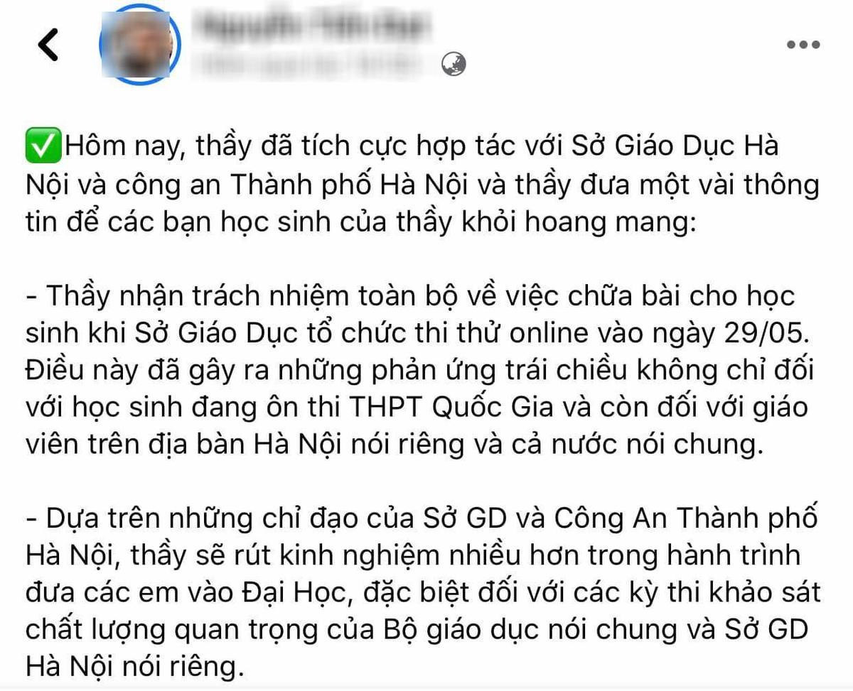 Thầy giáo tung lời giải lên mạng khi học sinh lớp 12 Hà Nội đang làm bài khảo sát chất lượng đã làm việc với Công an Ảnh 1