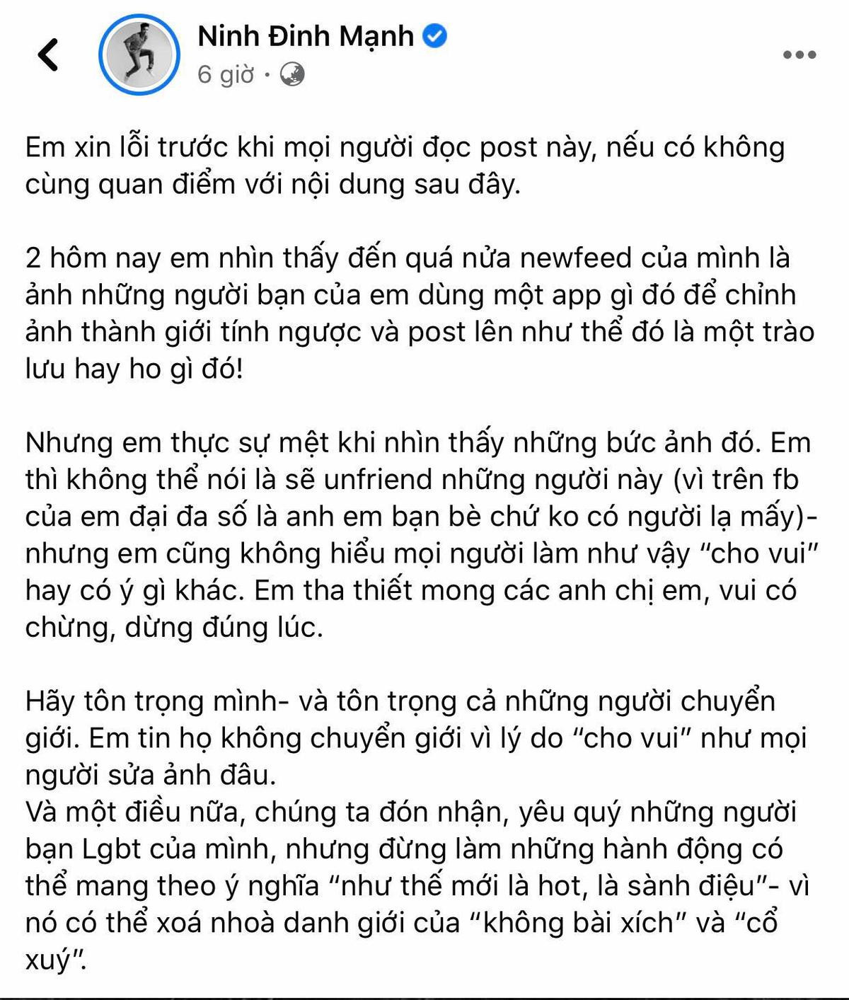 Đinh Mạnh Ninh lên án app chuyển giới đang 'rầm rộ' mạng xã hội hôm nay: 'Hãy tôn trọng mình và tôn trọng người chuyển giới' Ảnh 2