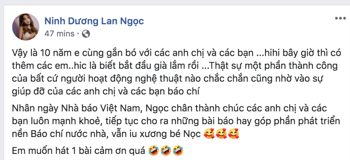 Ninh Dương Lan Ngọc gửi lời chúc nhân ngày Báo chí, từ trên xuống dưới nghe thật cảm động nhưng trừ câu chốt cuối bài Ảnh 1