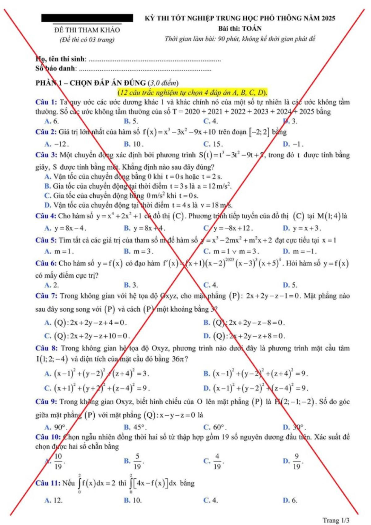 Đề thi tham khảo môn Toán kỳ thi Tốt nghiệp THPT 2025 đang lan truyền trên MXH là giả Ảnh 1