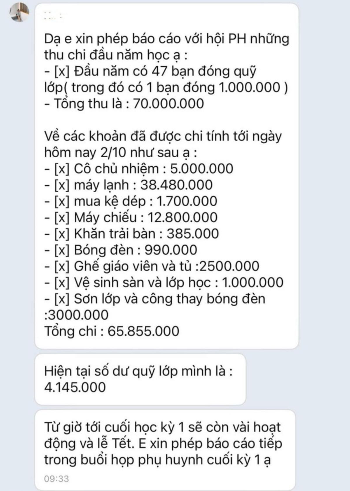 1 lớp ở THCS Huỳnh Tấn Phát thu quỹ 70 triệu, đã chi gần 66 triệu, Hiệu trưởng nói gì? Ảnh 1