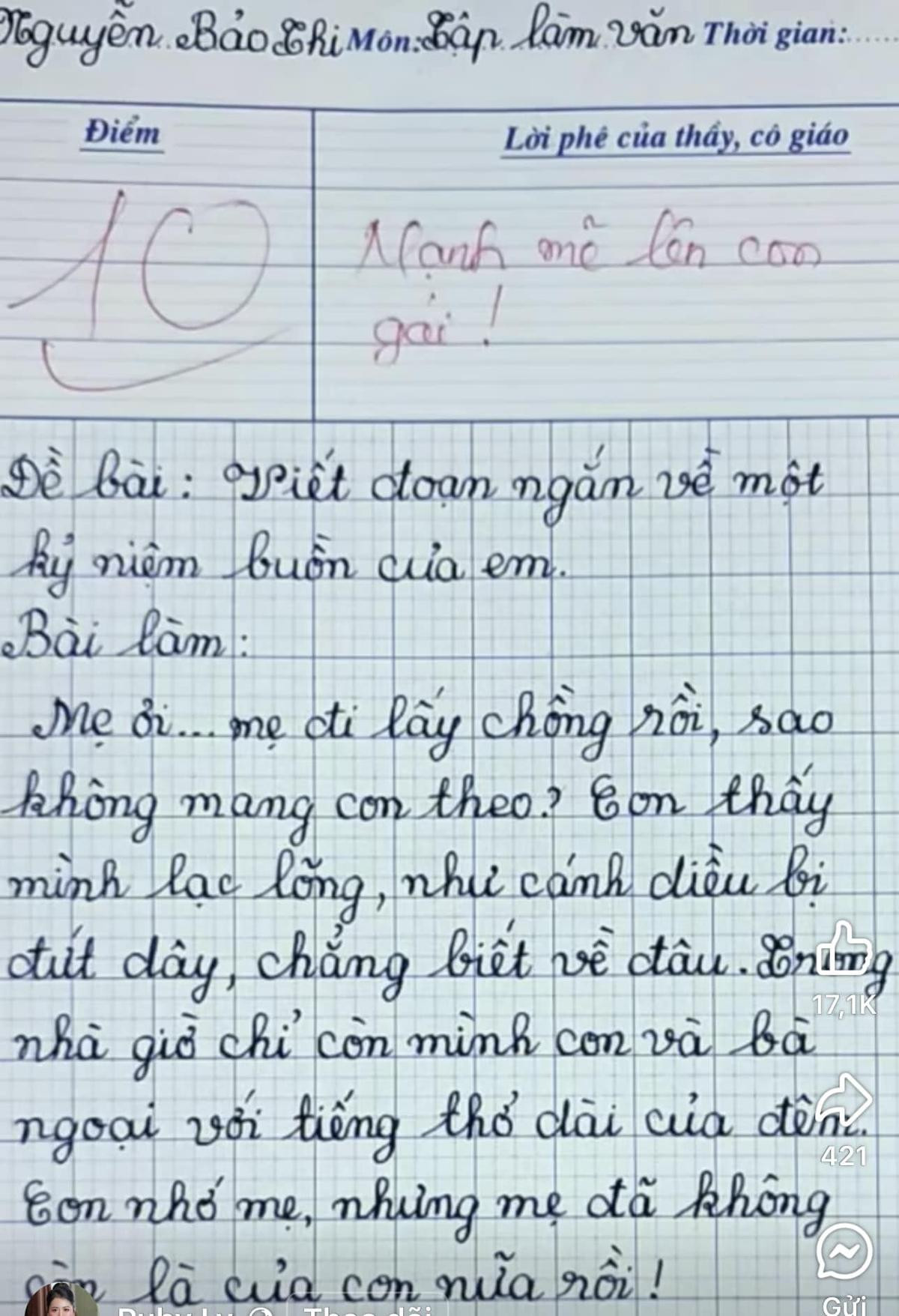 Có thể là hình ảnh về ‎cuống vé và ‎văn bản cho biết '‎guyễn ảo&hiMon.Sập βάο làm văn Thời gian:..... Điểm Lời phê của thấy, có giáo Mạnh me ه lên con gai Đề bài: oiết đoạn ngăn về một kỷ niêm buồn của em. Bài làm Me ơi...me me đi lấy chồng rồi sao không mang Co theo? C thấy mình lạc lõng như cánh diều bi đút dầy chẳng biết về đâu นดตบ nhà giờ chỉ còn mình con và Bà ngoại với tiếng thở dài của đền 421 COT nhớ mẹ, nhưng mẹ đã không là của con nữa rồi!‎'‎‎