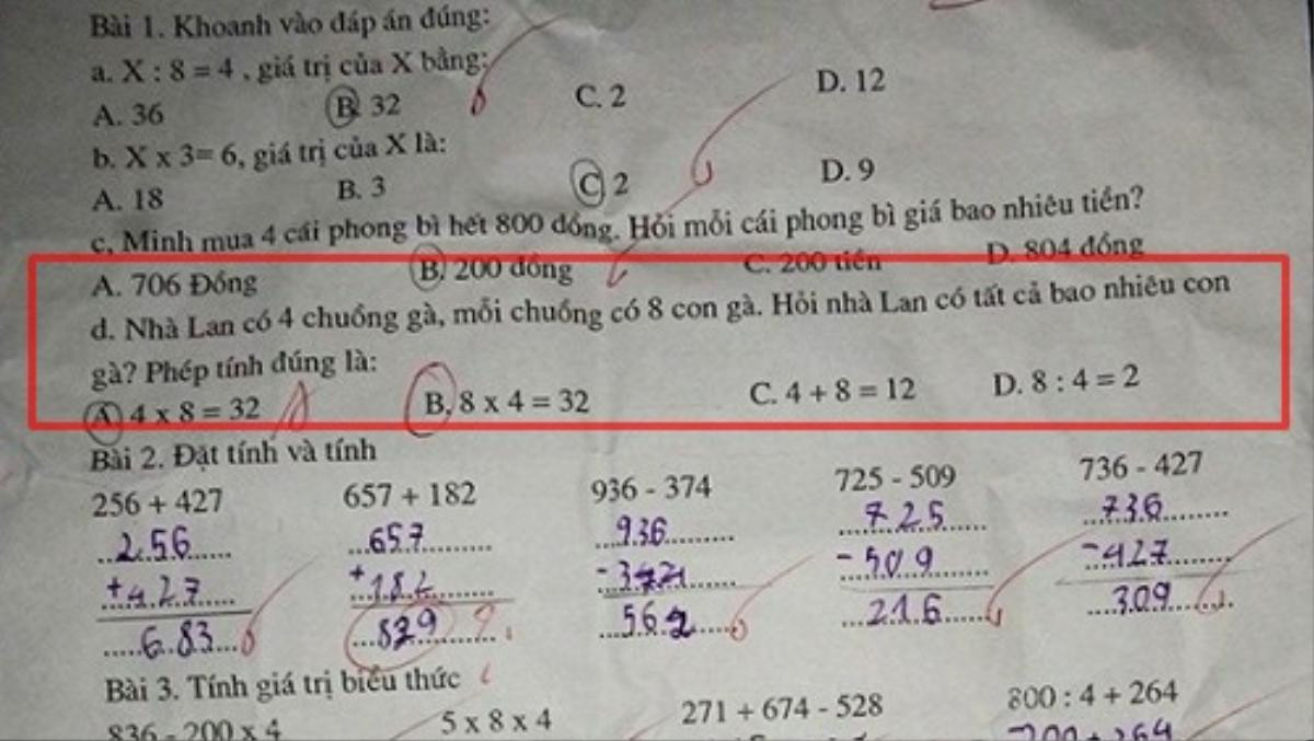 Bài toán với phép tính '4x8=32' bị chấm sai, lý do cô giáo đưa ra hết sức hợp lý Ảnh 1