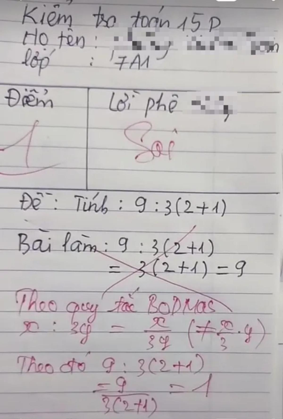 Bài toán '9 : 3 (1 + 2)=9' bị giáo viên chấm sai, dân tình tranh cãi nảy lửa về đáp án Ảnh 1