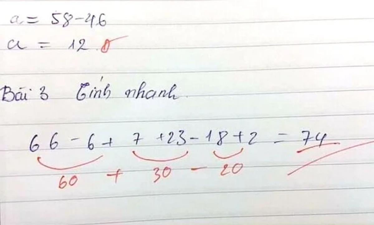 Học sinh làm bài toán '66 - 6 + 7 + 23 - 18 + 2 = 74', cô giáo lại đưa ra kết quả gây tranh cãi Ảnh 1