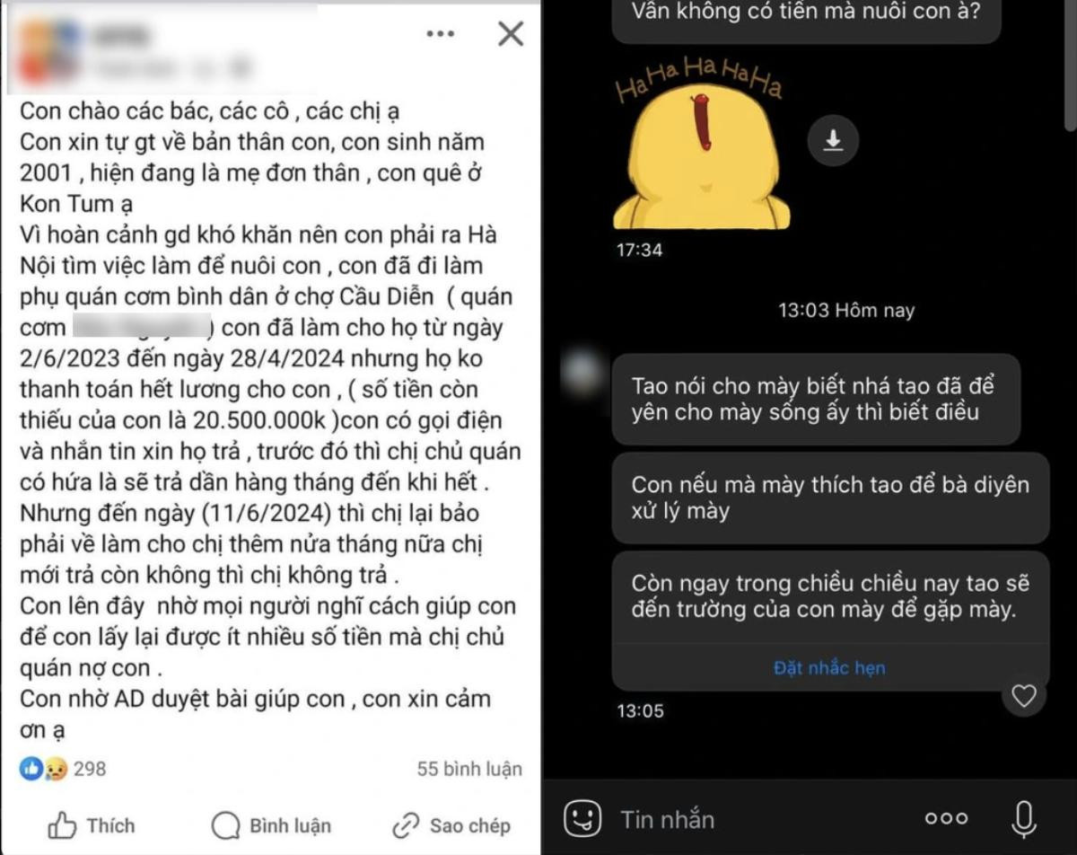 Mẹ đơn thân tố bị chủ quán cơm ở Hà Nội 'quỵt' 20 triệu tiền lương, còn thách thức đe dọa Ảnh 1